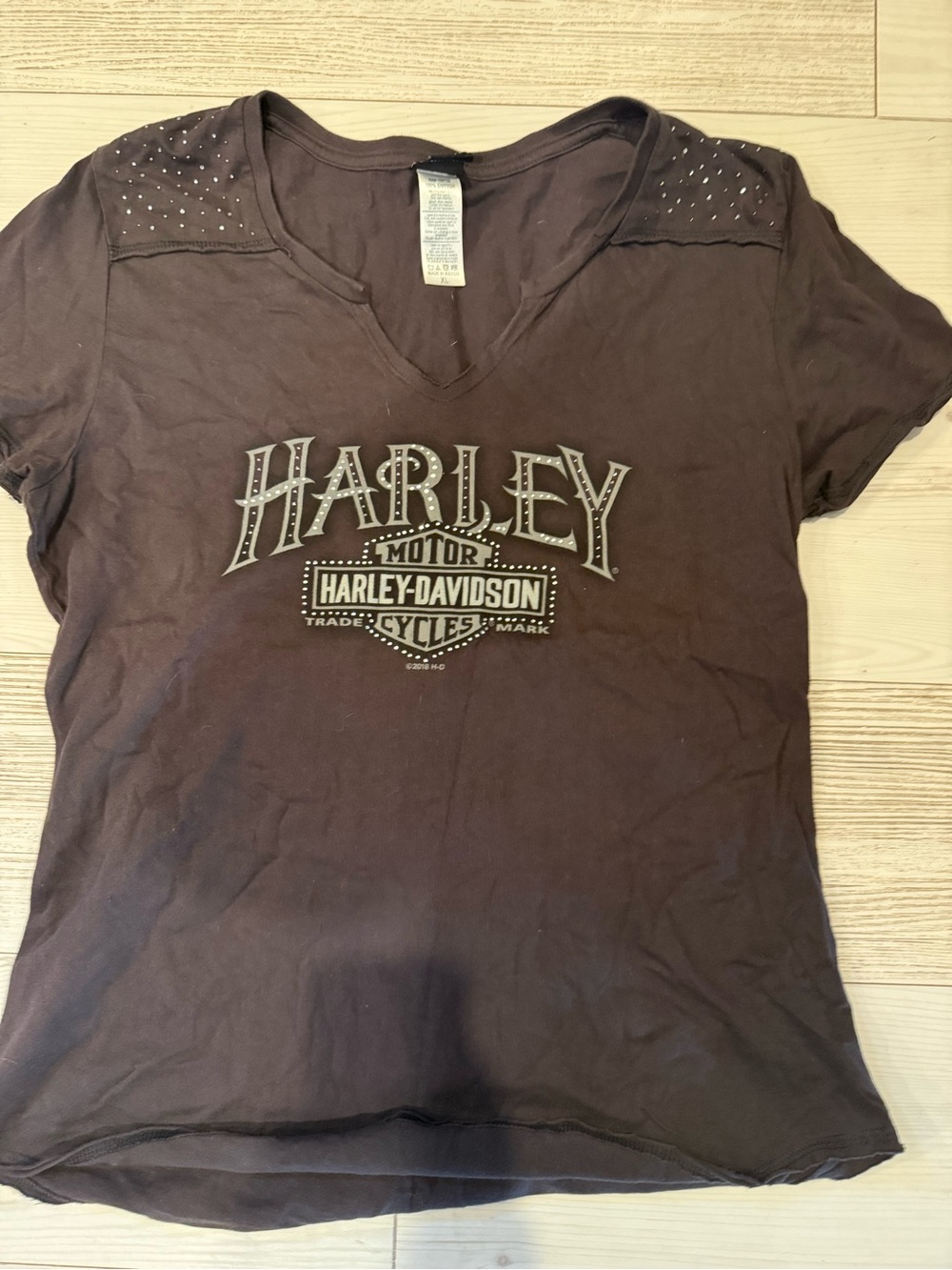 Harley-Davidson Women's dark gray Studded V-Neck Tee. V-Neck